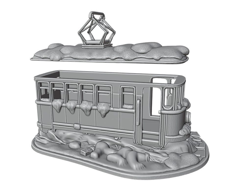 28mm tram destroyed with snow